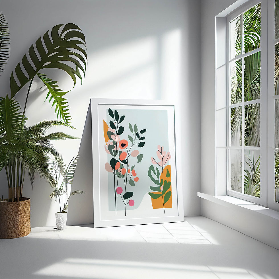 Thumbnail: Botanical Leaf Abstract Wall Art, Neutral Colours, block colours duck egg blue and mustard, floral art work, set in sunlit conservatory, larger print item