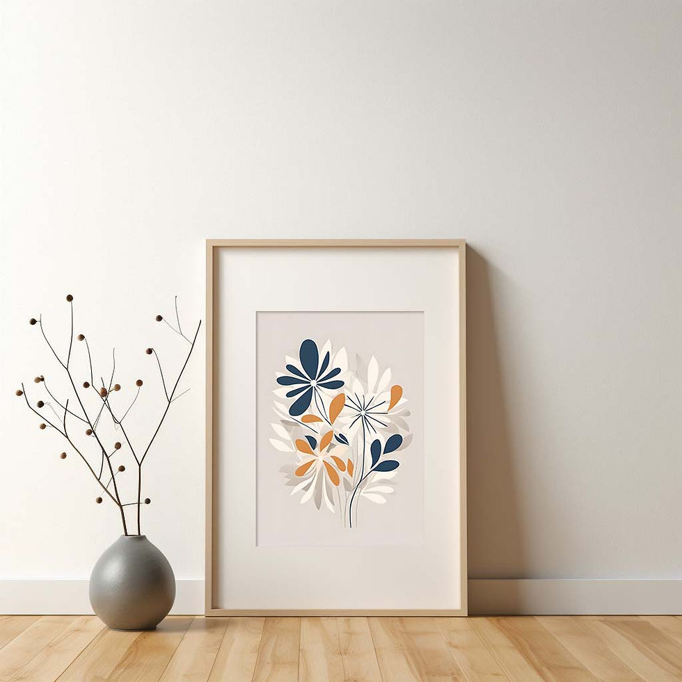 Thumbnail: Navy and Beige Floral Design Wall Art, simplistic minimal wall art, original, portrait wooden framed