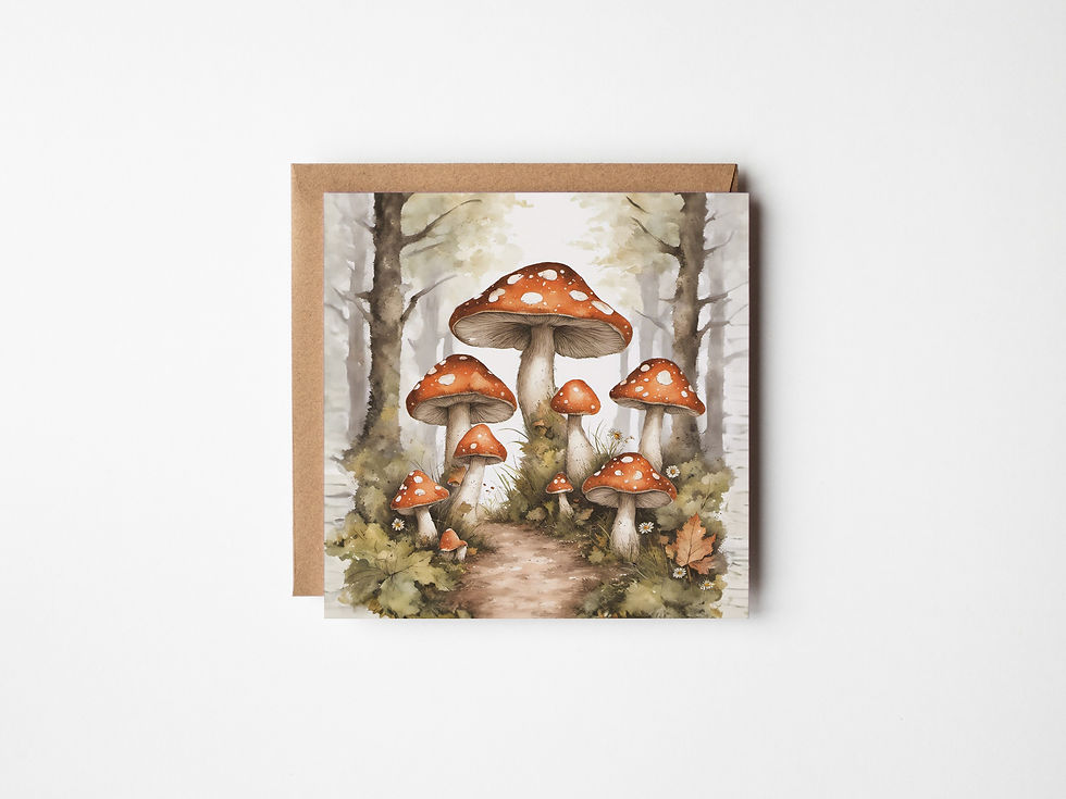 Woodland Mushrooms Greetings Card, red spotted mushrooms on a woodland path, with a kraft envelope