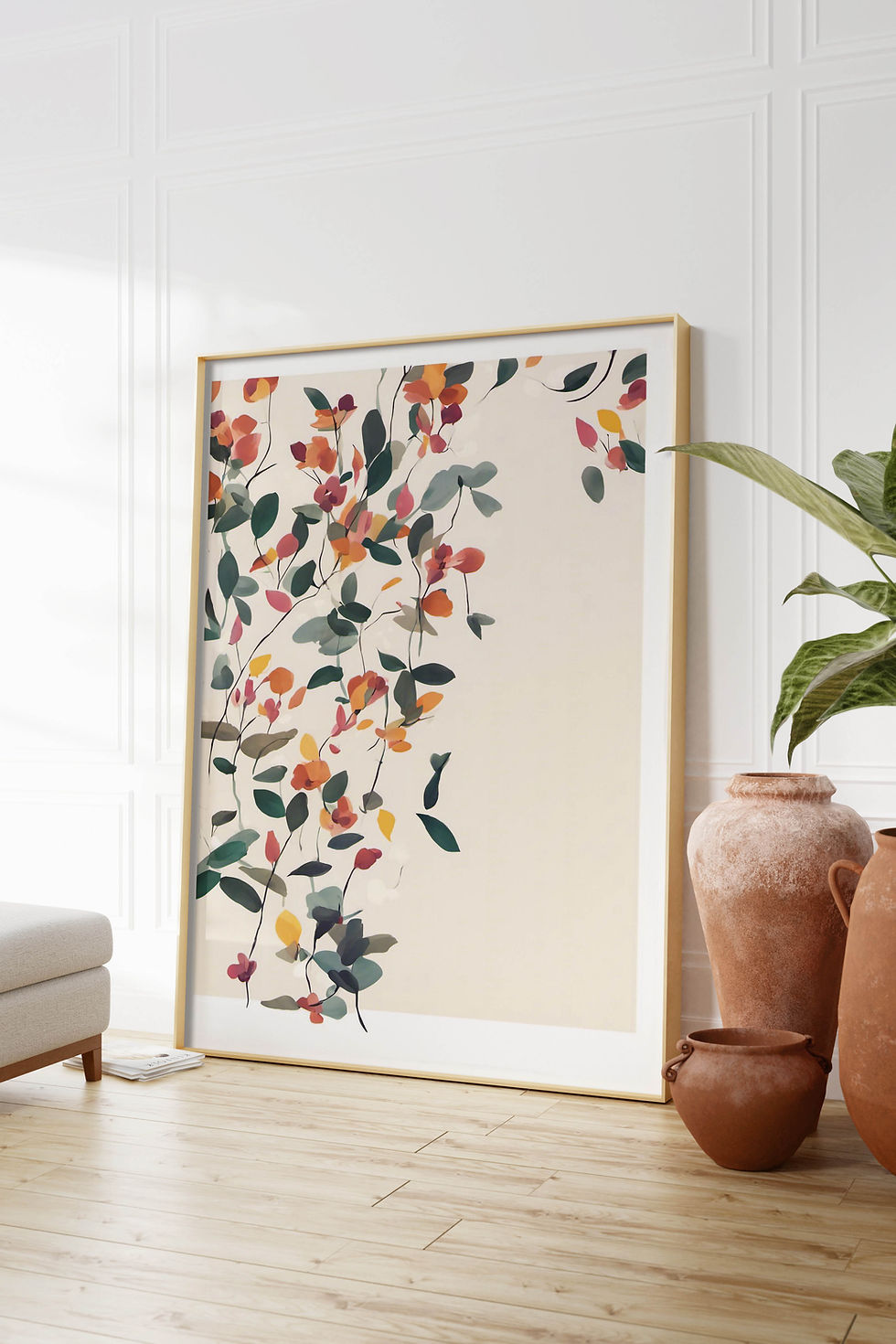 Thumbnail: Floral Botanical Leaf Print Wall Art, Neutral Tones, beige and corals, large print framed