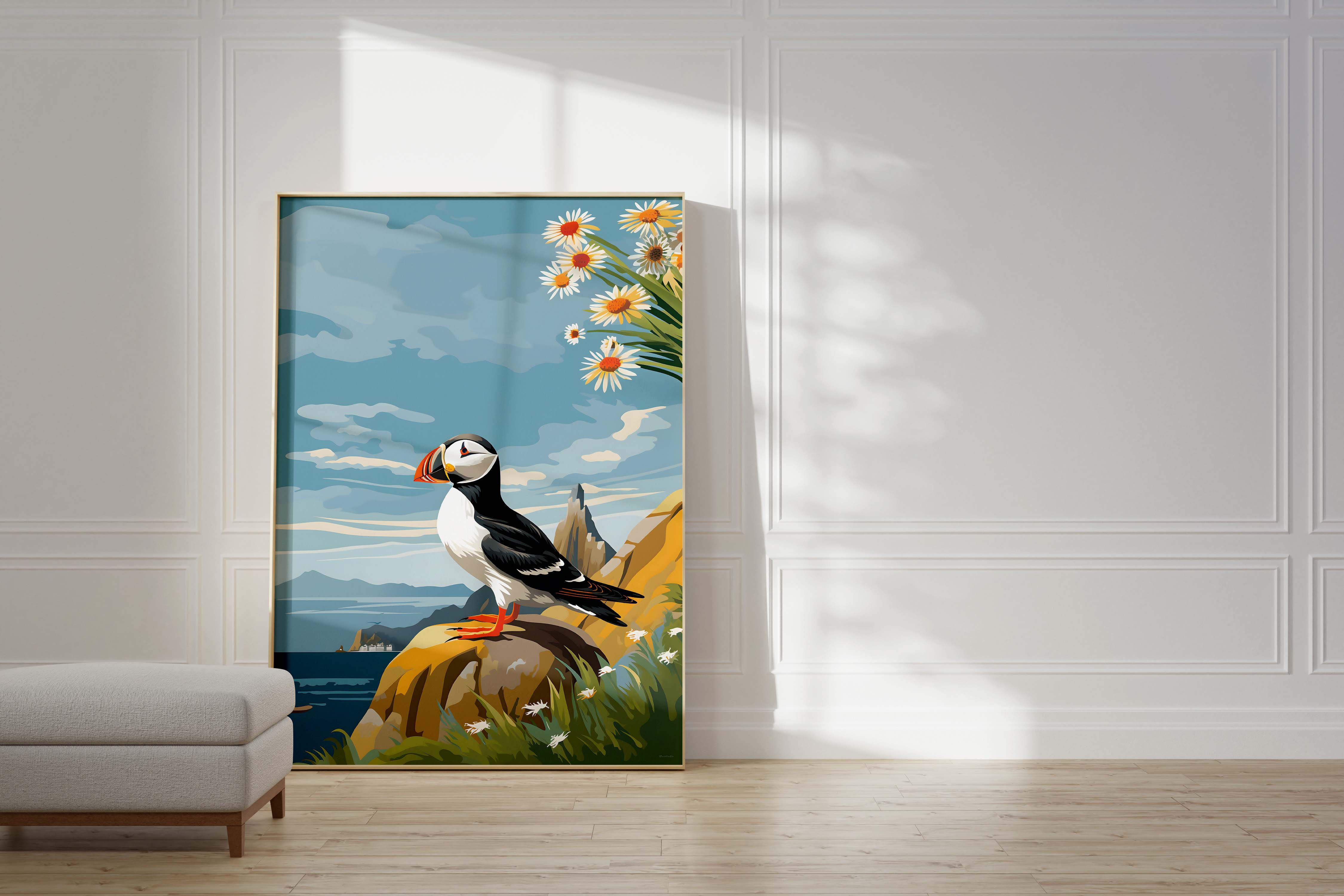 Coastal Puffin Wall Print with flowers, Puffin on cliff