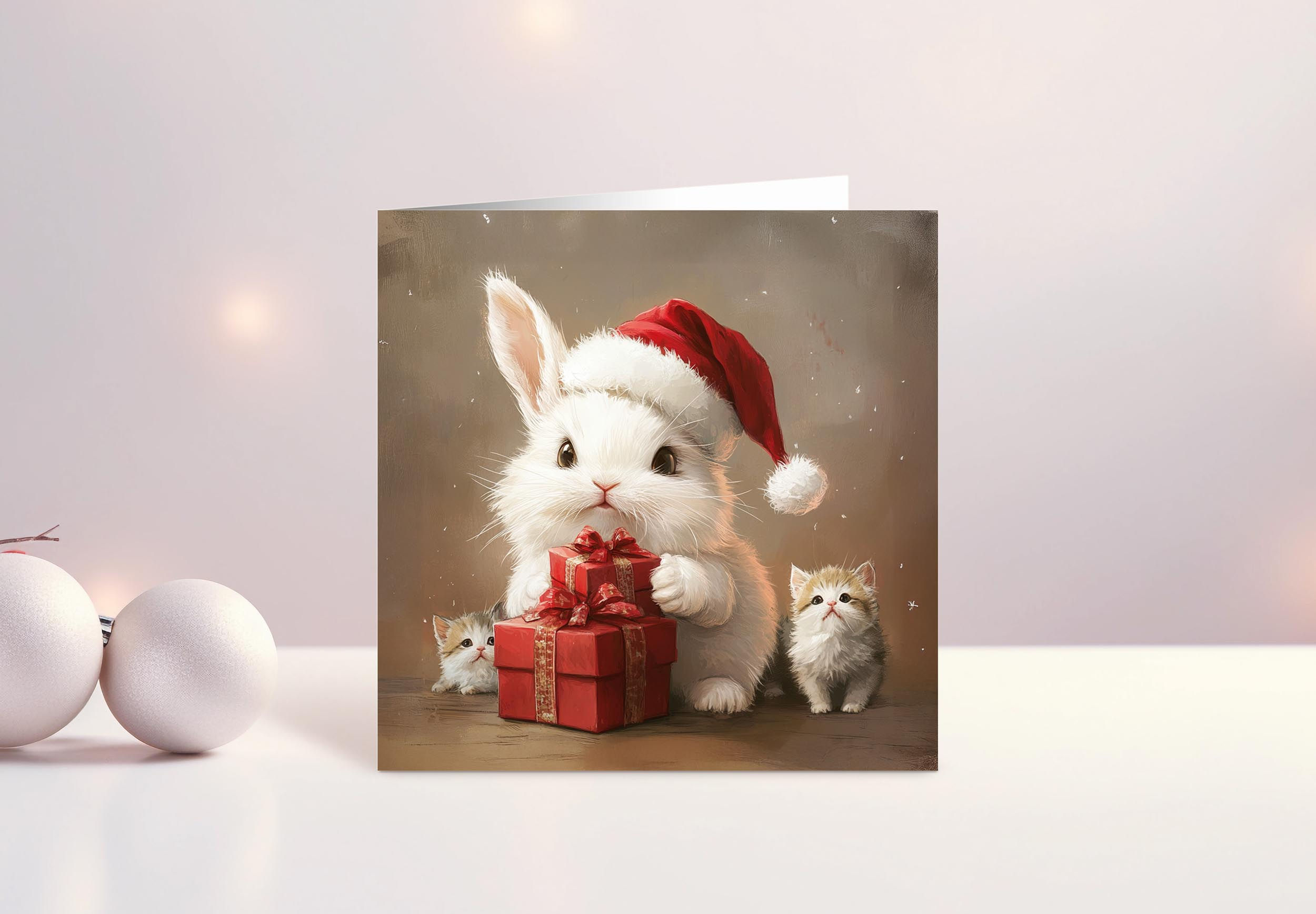 Cute Bunny with Kittens Christmas Card