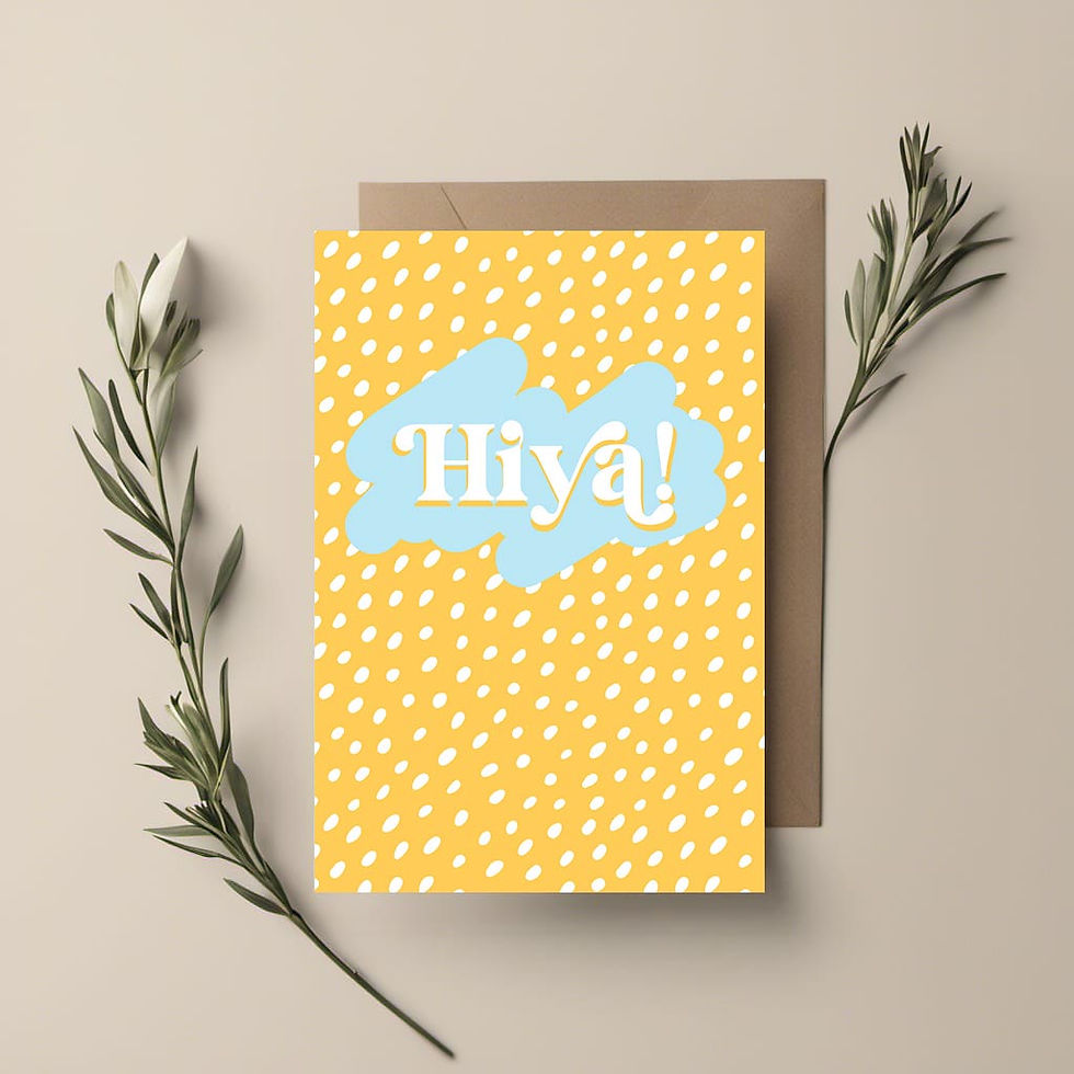 Thumbnail: A Hiya! greetings card with the word Hiya on the Yellow and light blue