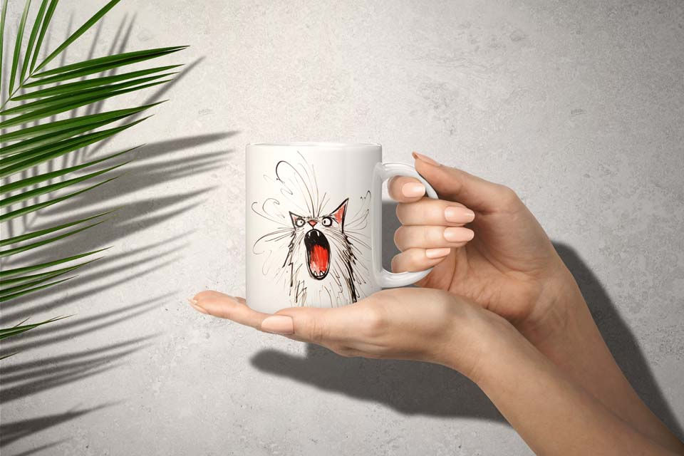 Screaming Cat Mug, 11 oz Ceramic Mug, illustration of a screaming cat on the front, white mug