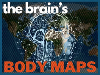 A dynamic illustration of the brain including molecular structure surrounding, with a semi-transparent map overlaying, and words that read: "The Brain's Body Maps"
