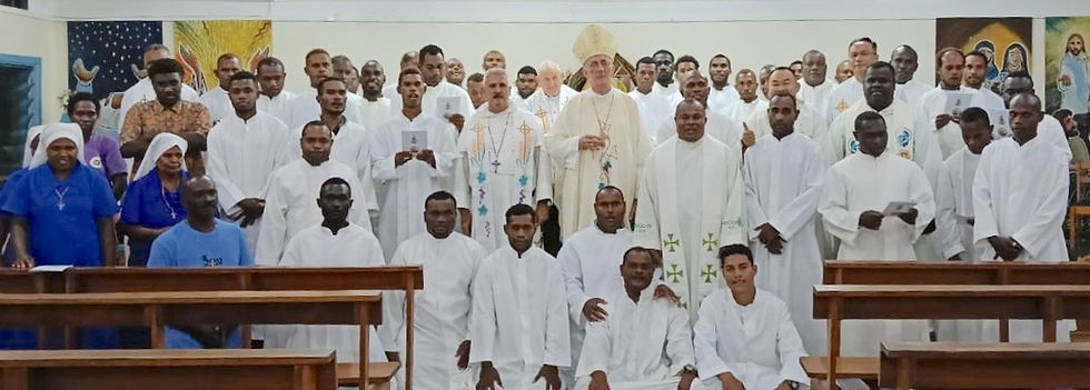 His Excellency Maurizio Bravi, Apostolic Nuncio to PNGSI, with His Grace Archbishop Christopher Cardone OP, priests, seminarians, and Daughters of Mary Immaculate (DMI) Sisters at the Holy Name of Mary Seminary.