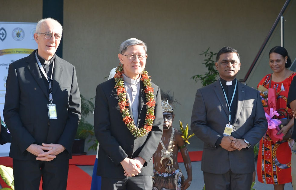 From left to right: His Excellency Archbishop Maurizio Bravi, Apostolic Nuncio to PNG & Solomon Islands, His Eminence Luis Antonio G. Cardinal Tagle, Rev. Fr. Lawrence Arockiaraj, General Secretary for the Catholic Bishops Conference of Papua New Guinea & Solomon Islands