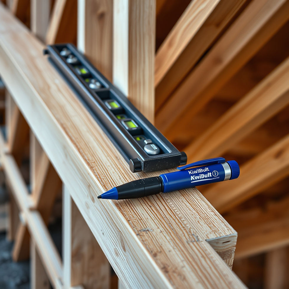 Blue pen and level tool on wooden beams in a construction setting. The pen reads KiwiBuilt, and the scene is warm-toned and orderly.