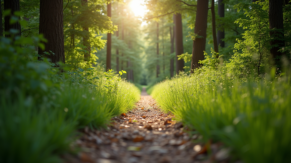 Eye-level view of a scenic walking trail surrounded by greenery