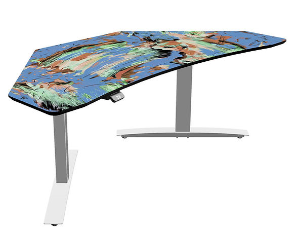A height-adjustable Corner Table with a panelAbstract Pattern PA-8C top and white ARC-style T-base.