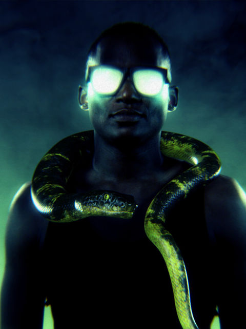 Animated snake, crawling over a man using VFX. 