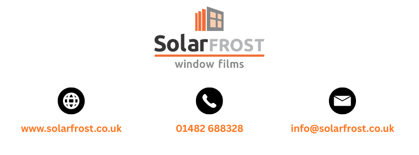 SolarFROST window films logo with website, phone number, and email on a white background with black and orange icons.