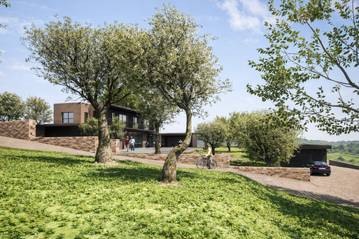 Projet d'architecture intégré dans un terrain en pente douce avec végétation provençale près d'Aix-en-Provence.