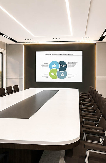 A modern minimalist office providing setting for collaboration, presentations, executive meetings, and strategies.