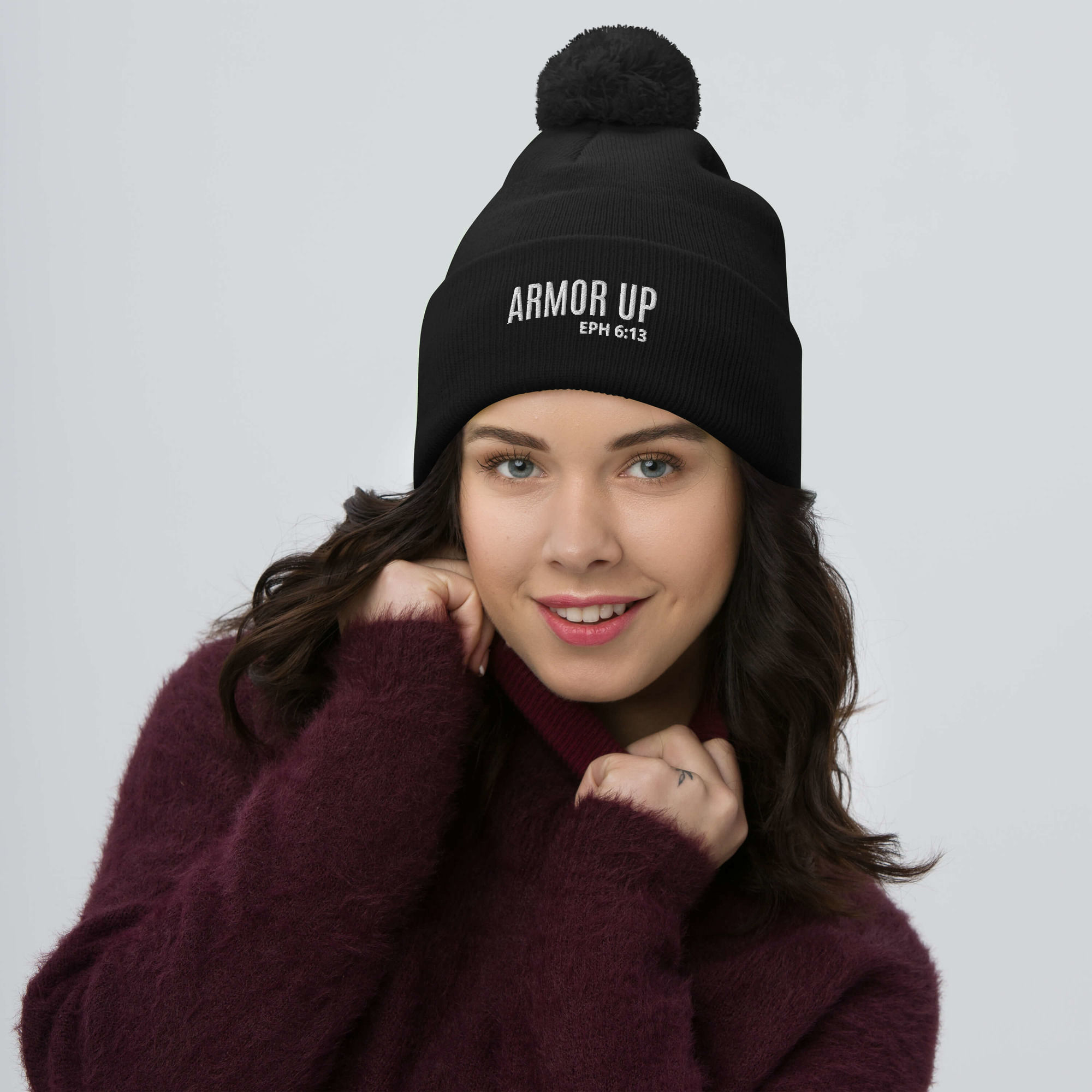 Armor Up EPH 6:13 (White Lettering) Pom-Pom Beanie