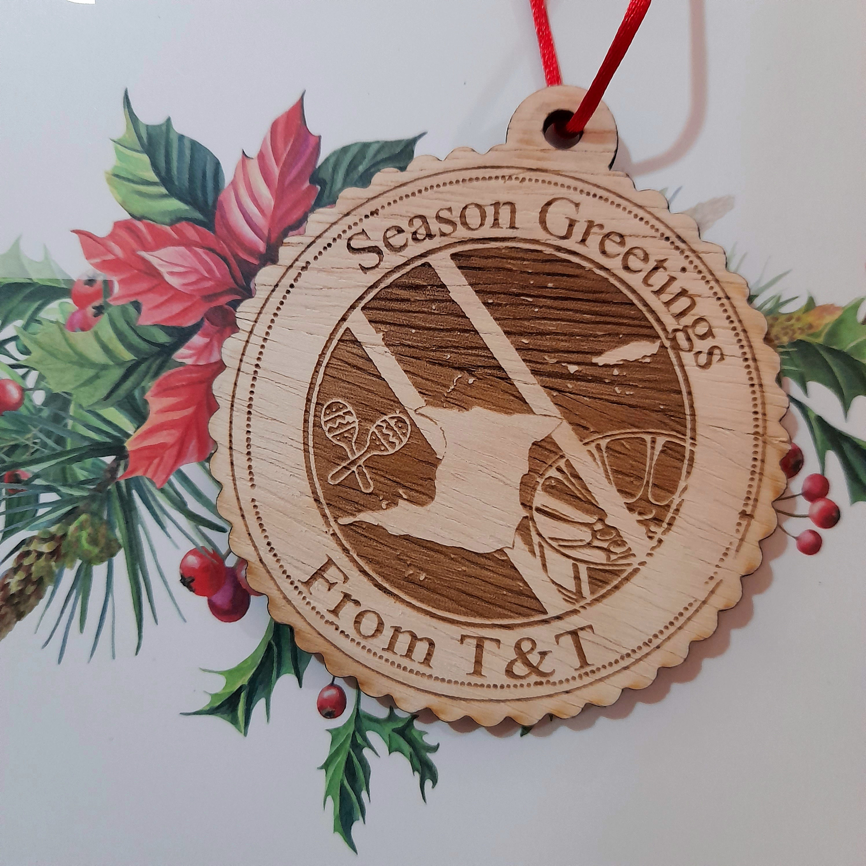 Personalized Wooden Ornament - Seasons Greetings from T&T