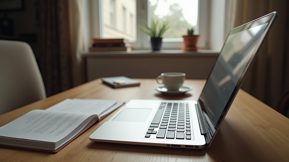 Eye-level view of a cozy home office setup with a laptop and a cup of coffee