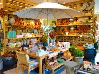Outdoor patio display under a market umbrella, with hanging fall wreaths and shelving of autumn decor.
