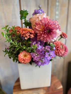 A square, white vase filled with pastel zinnias and asters in pinks and purples.