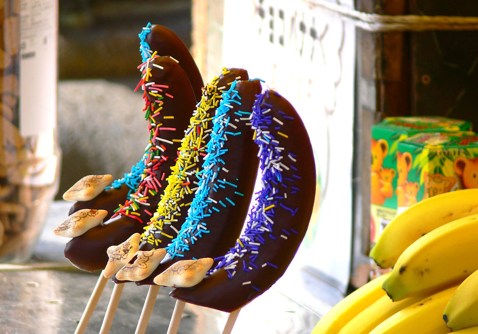 Shoko-banana are bananas dipped in chocolate and covered in sprinkles, and are a popular treat at festivals in Japan in summer