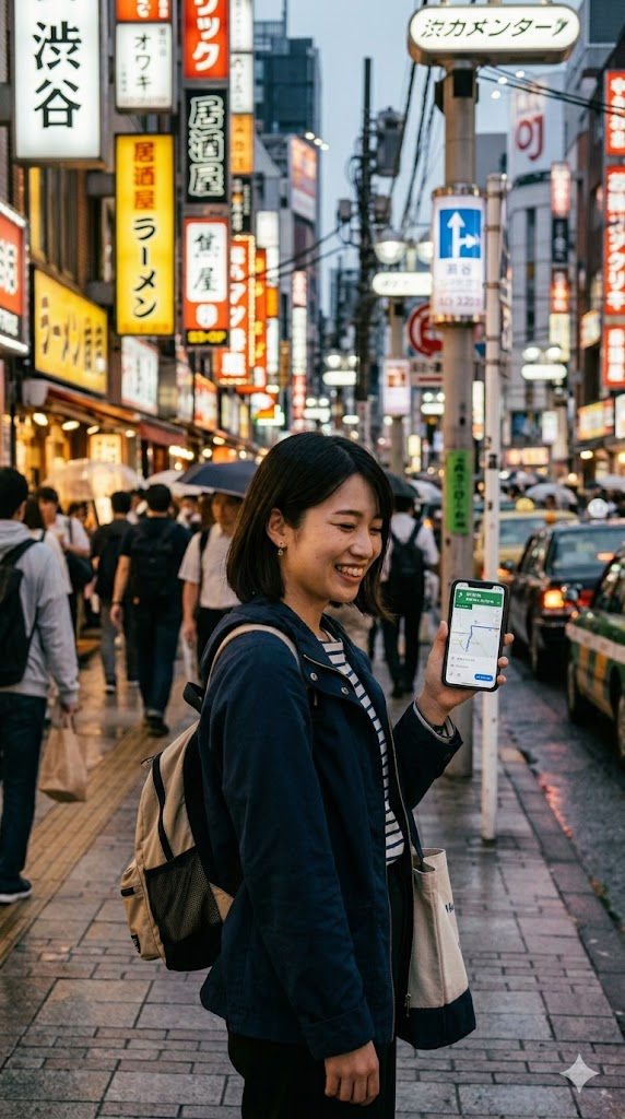 A girl in Tokyo uses Airalo eSIM Japan to stay connected to Google maps