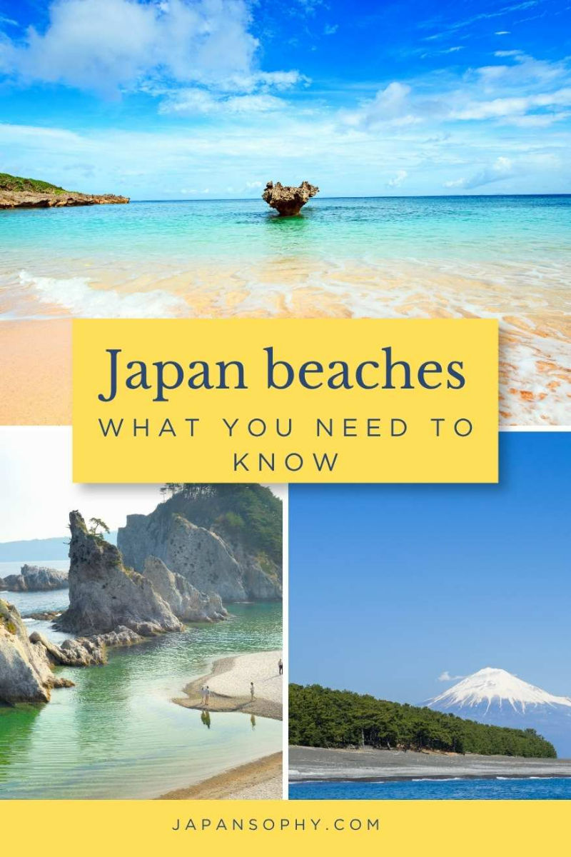 Pinterest pin: japan beaches with images of Japanese beaches in Okinawa, Iwate and Shizuoka
