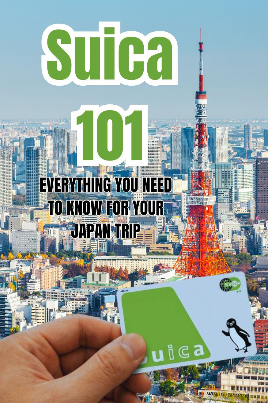 A hand holds a Suica against a background of a Tokyo cityscape with Tokyo Tower