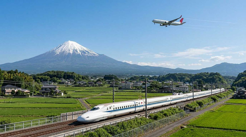 A Shinkansen bullet train speeds past Mount Fuji with a plane in the sky