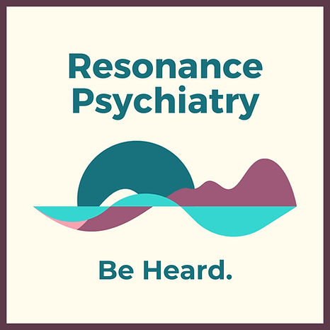 A logo for Resonance Psychiatry features abstract waves above the tagline "Be Heard".