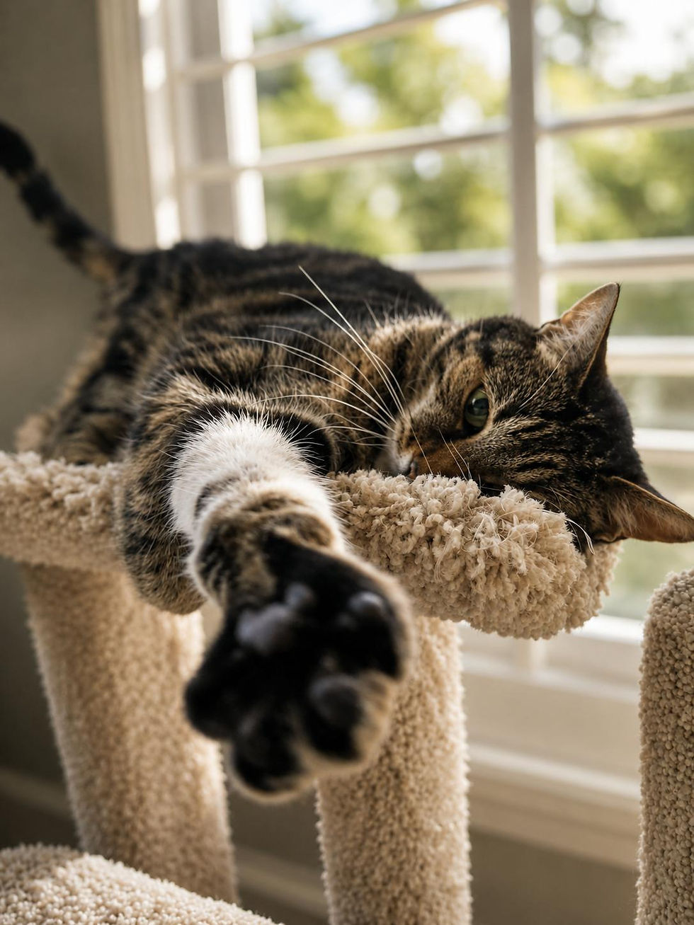 Cat resting on a cat tree with one paw extended toward the camera