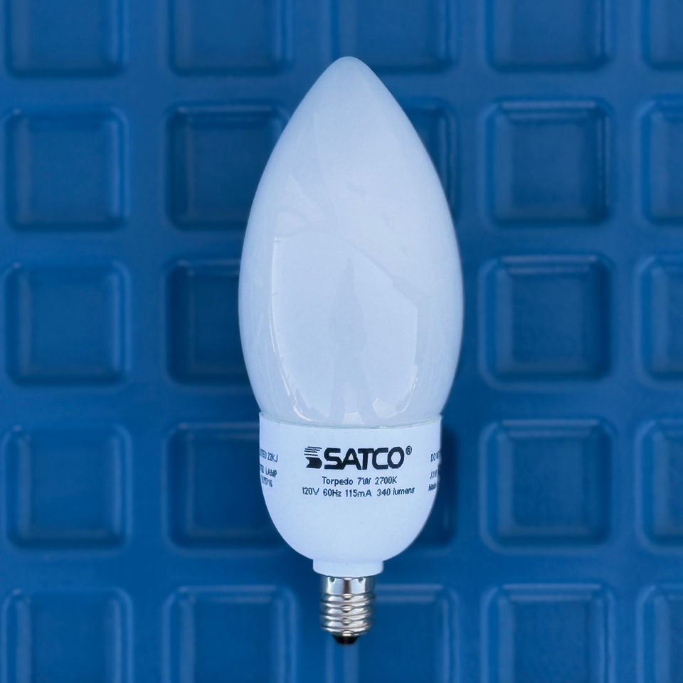 Satco S7327 7W 2700K CFL Torpedo E12 Candelabra base Compact Fluorescent Lamp