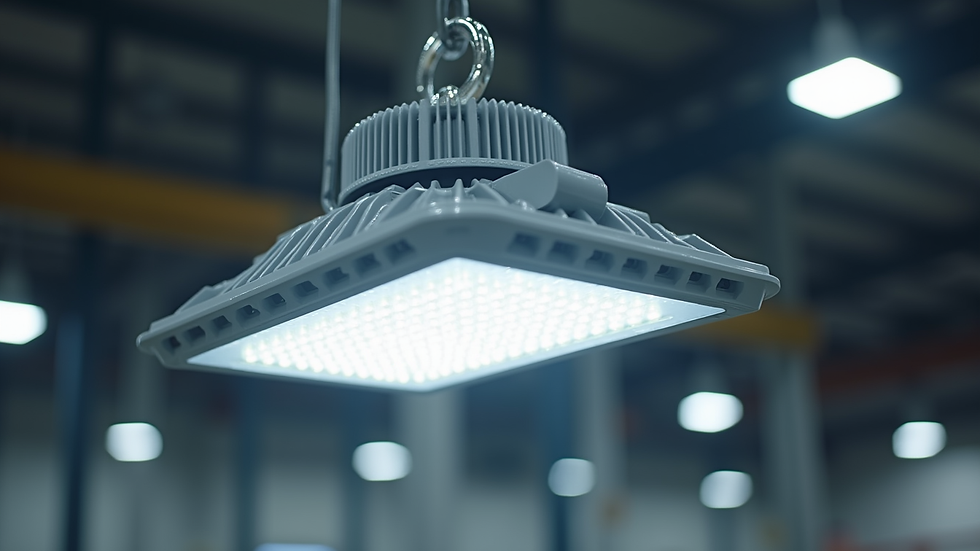 Close-up view of an industrial LED high bay light fixture installed in a manufacturing plant