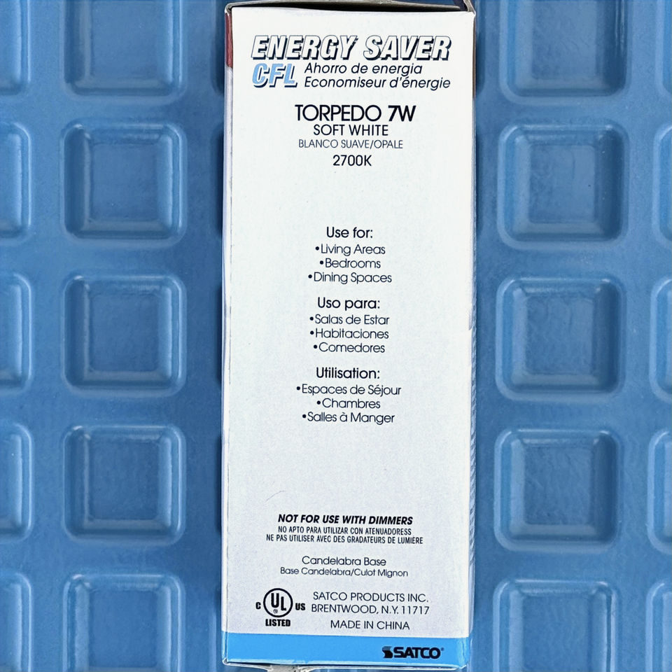 Satco S7327 7W 2700K CFL Torpedo E12 Candelabra base Compact Fluorescent Lamp