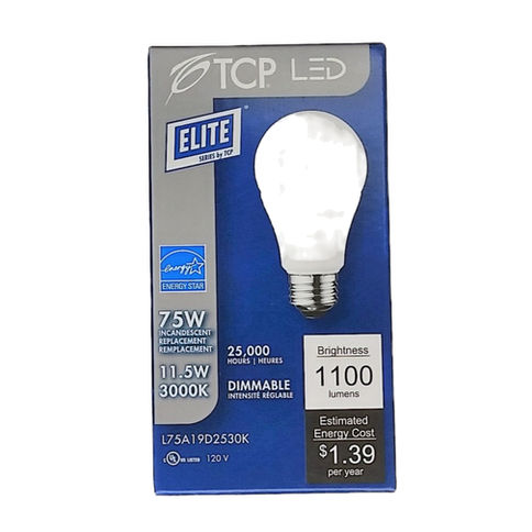 TCP L75A19D2530K 11.5W (75W Equal) A19 3000K Dimmable LED Light Bulb