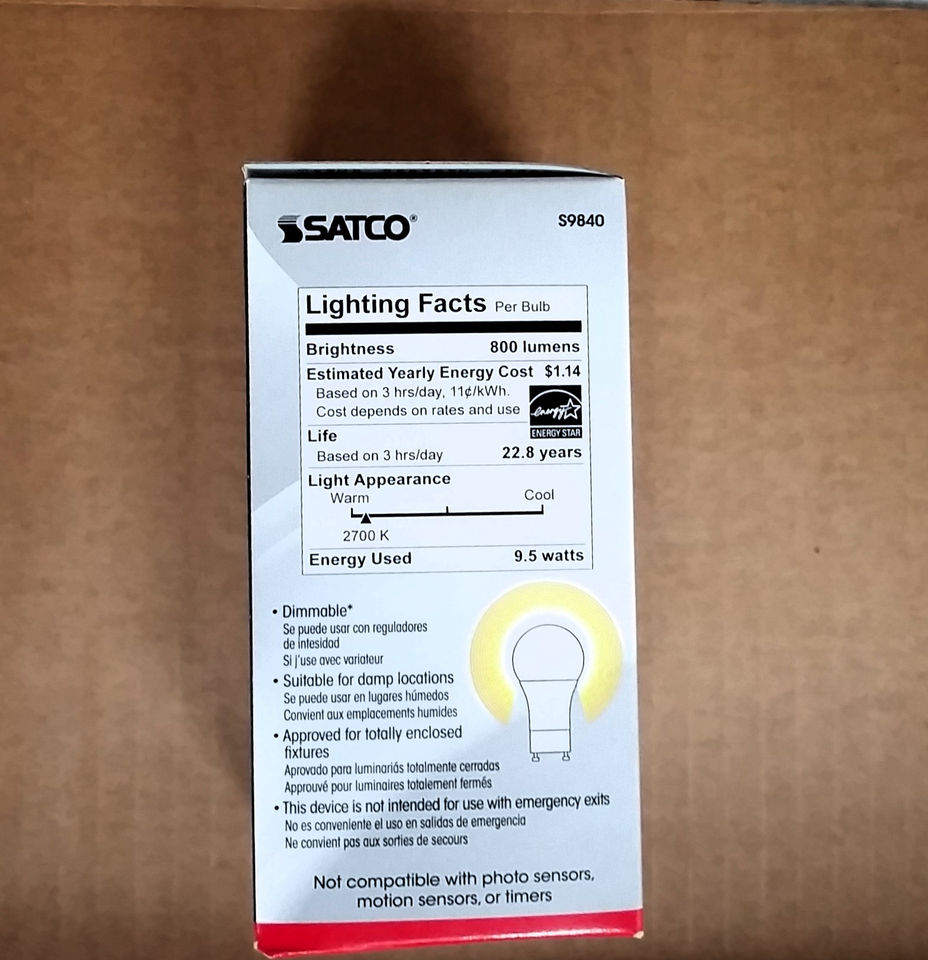 Satco S9840 9.5W A19 2700K GU24 Twist Lock LED Lamp 60W replacement