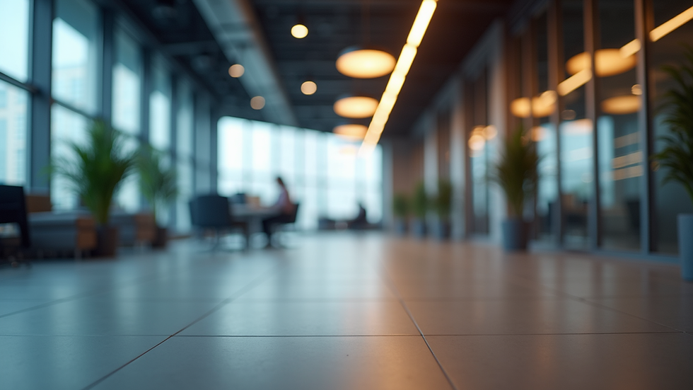 Eye-level view of a modern office space with layered lighting fixtures