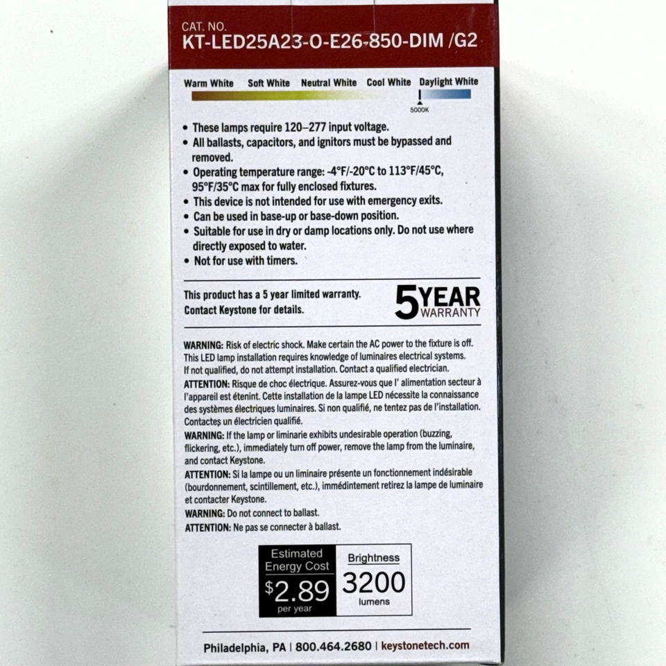 Keystone KT-LED25A23-O-E26-850-DIM-/G2 24W 5000K A23 LED Lamp replaces 100W MH