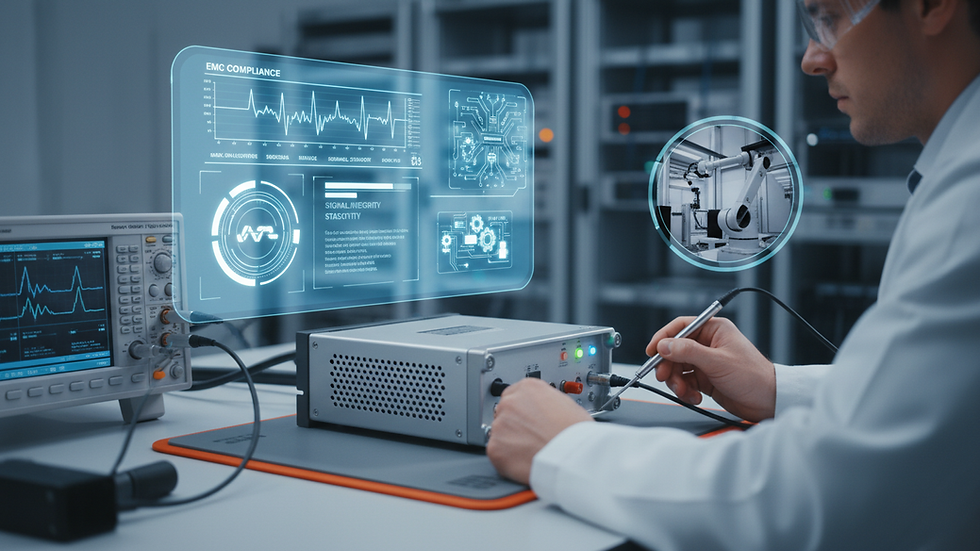 Close-up view of a technician performing compliance testing on a mission-critical electronic device