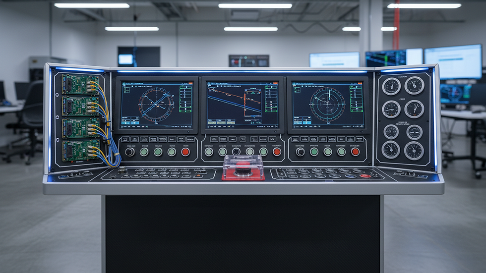 Eye-level view of a complex aerospace control panel with multiple indicators