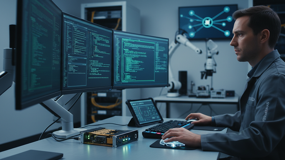 Close-up view of a software engineer analyzing code on multiple monitors