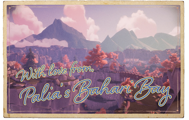 Vintage-style digital postcard from Palia featuring Bahari Bay