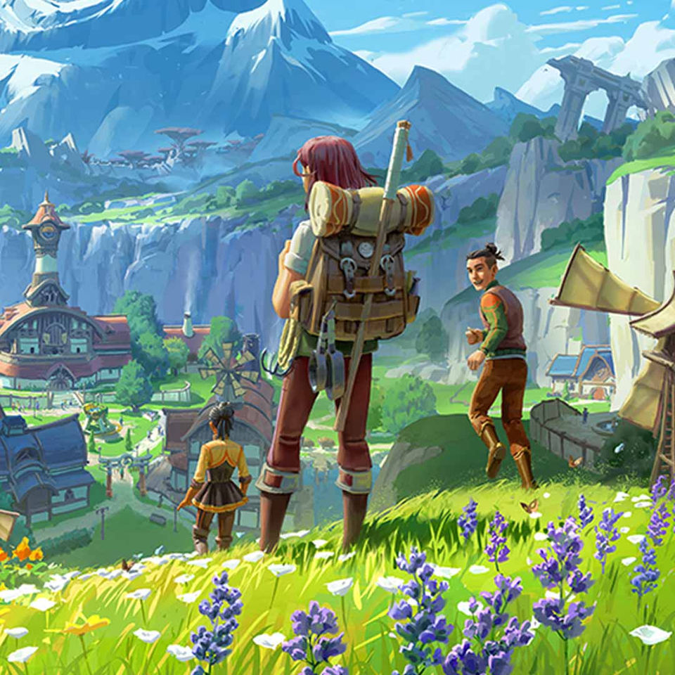 Colorful concept art from cozy MMO Palia, showing characters overlooking a peaceful village nestled in a lush, mountainous fantasy world.