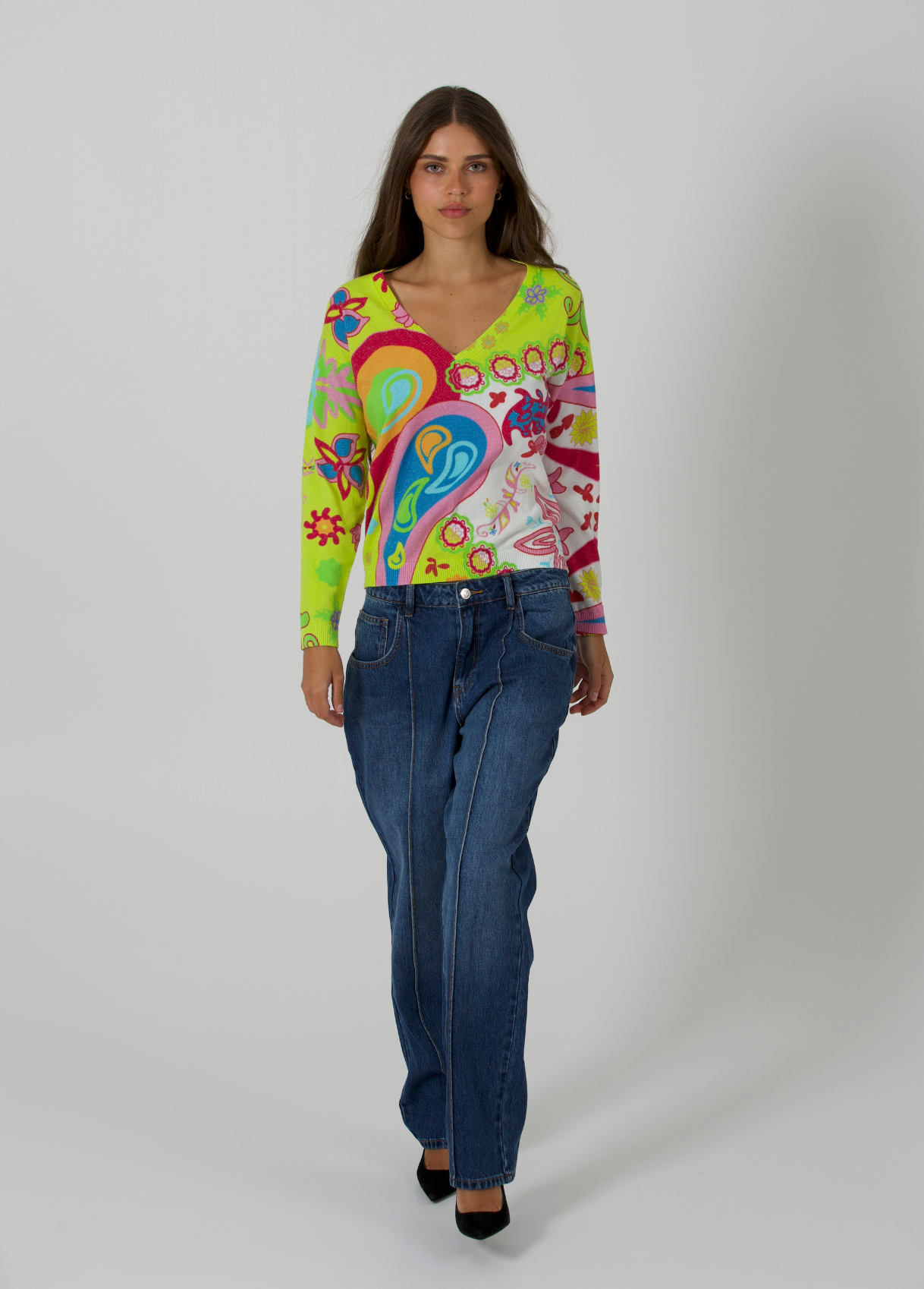 Pull col V en coton imprimé avec fils de lurex