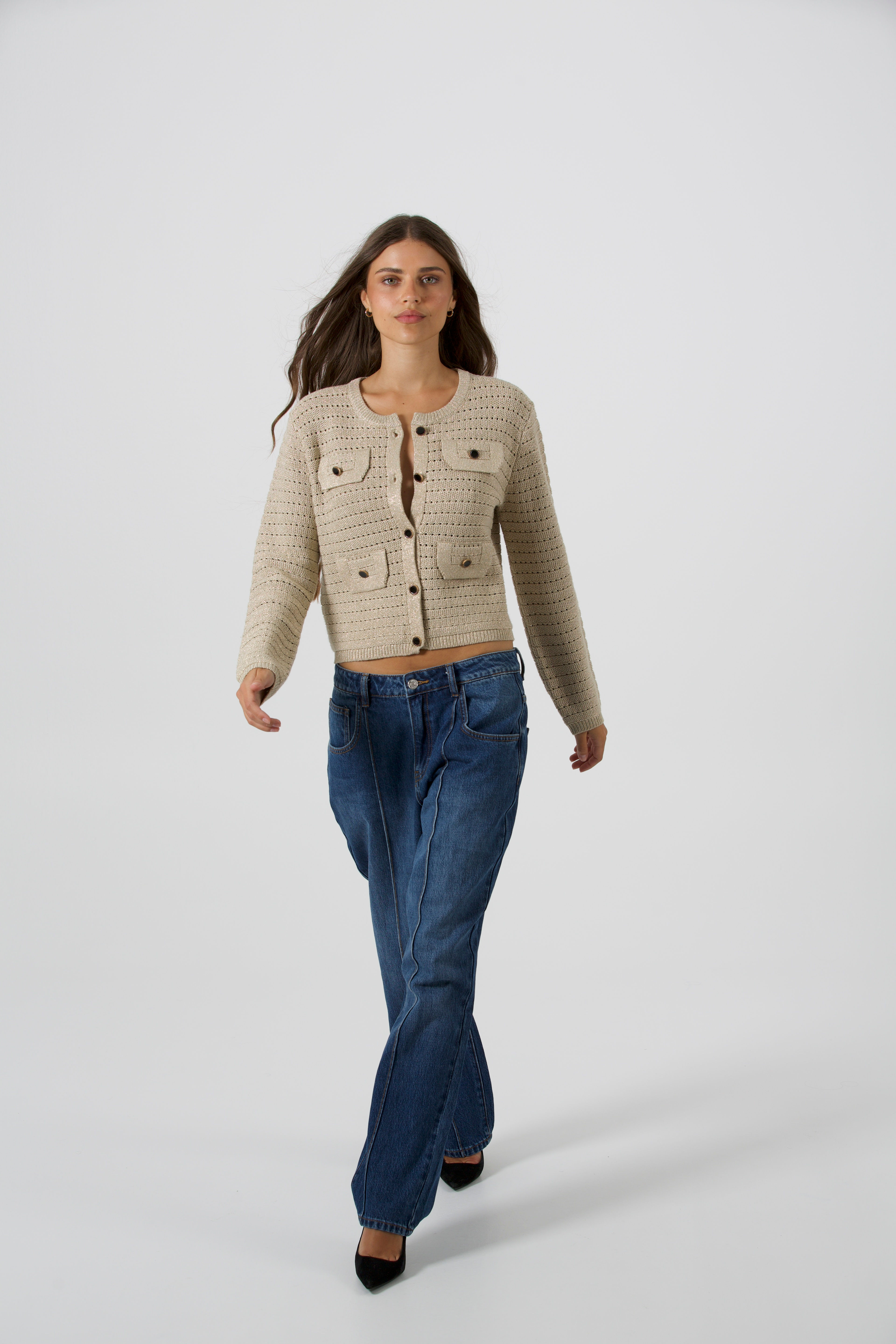 Veste en maille ajourée viscose et fils de lurex