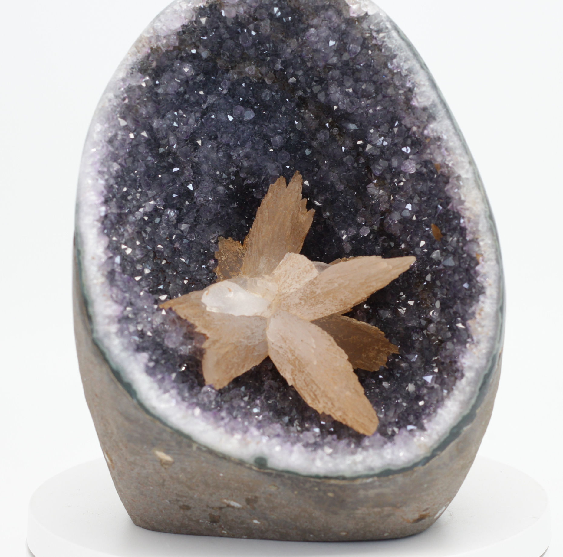 Exclusive Egg-Shaped Amethyst Geode with Stellar Calcite Flower 15cm PR014