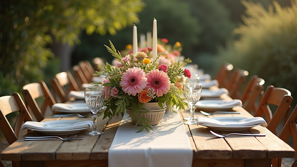 High angle view of a rustic wedding table set outdoors with exotic floral arrangements