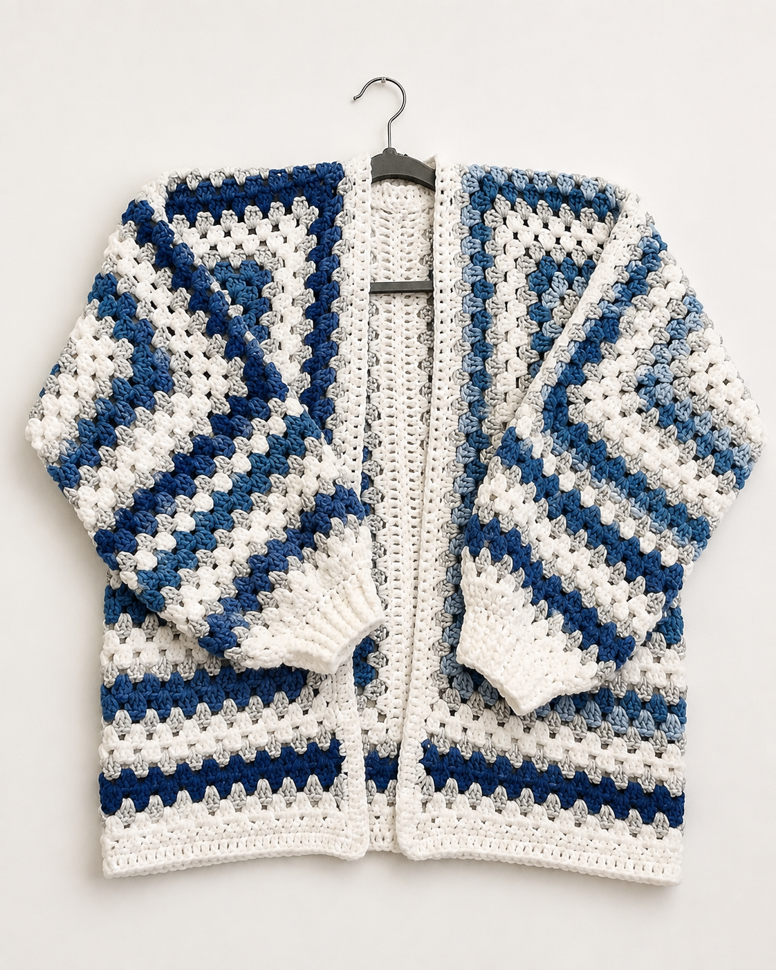 Blue, White & Gray Crochet Cardigan