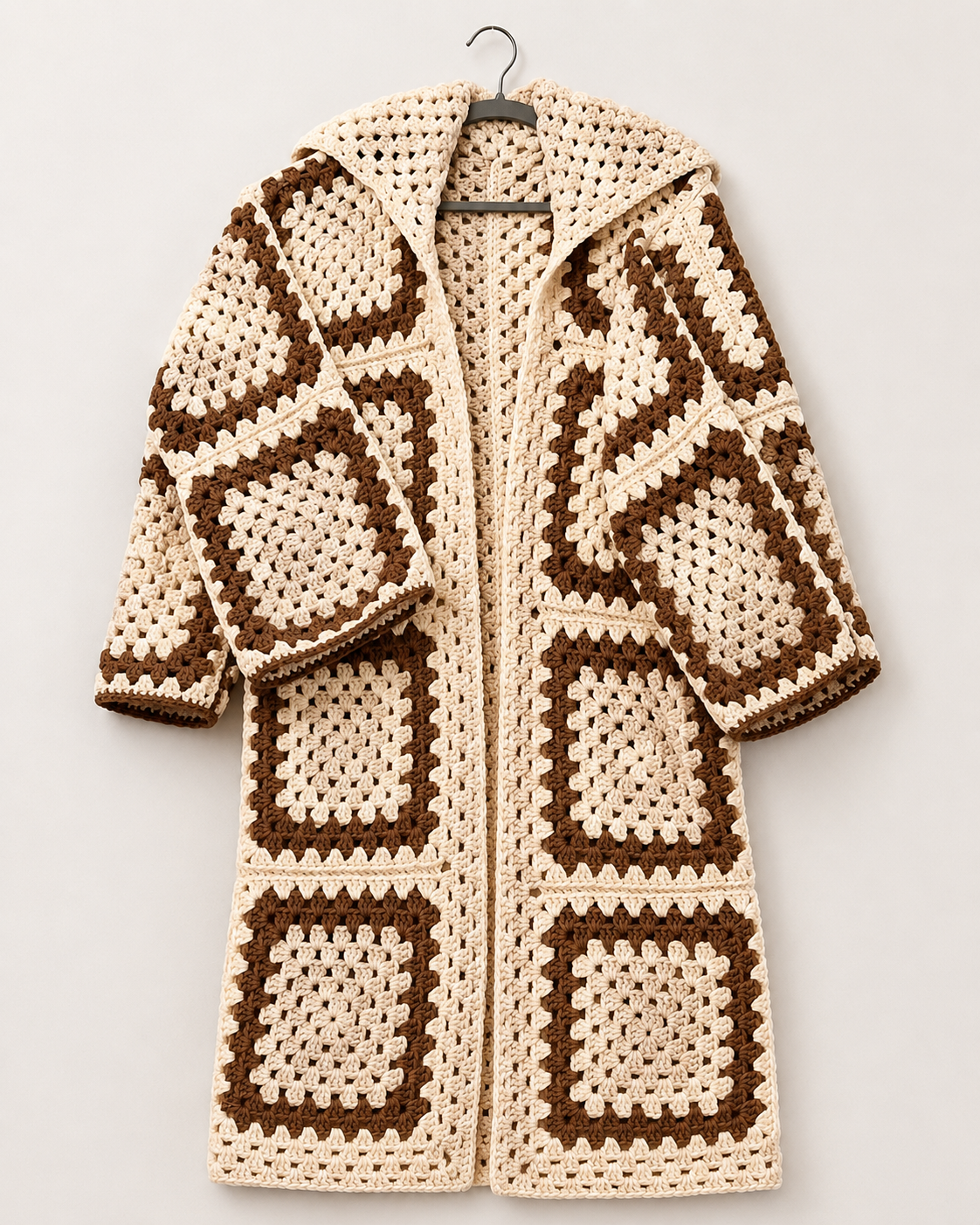 Cream & Brown Granny Square Long Cardigan