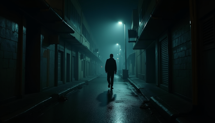 Eye-level view of a dimly lit urban street at night with a lone figure walking