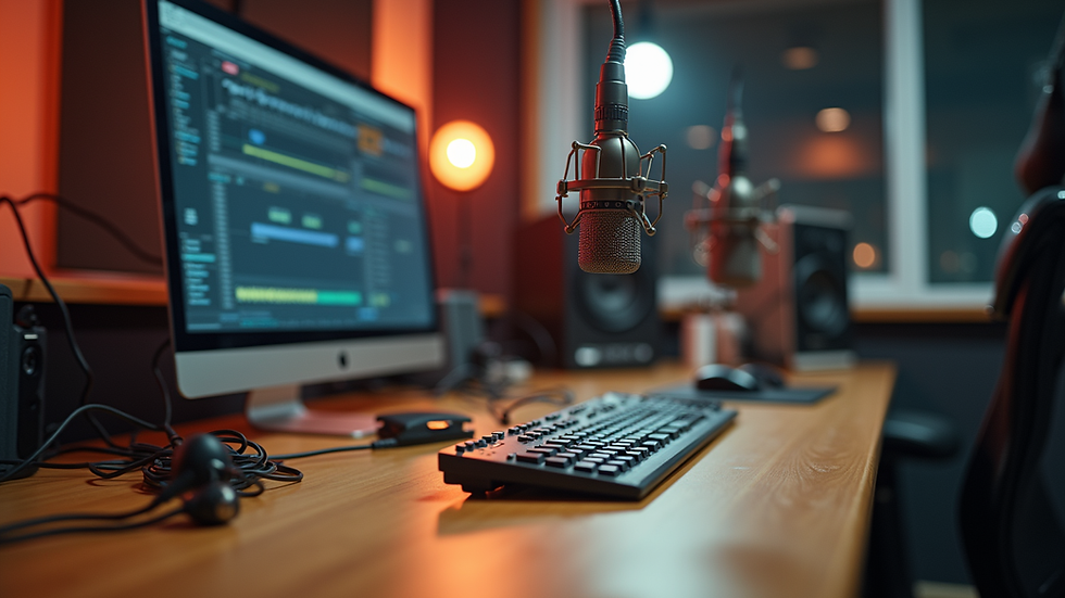 Eye-level view of a radio studio with microphones and sound equipment